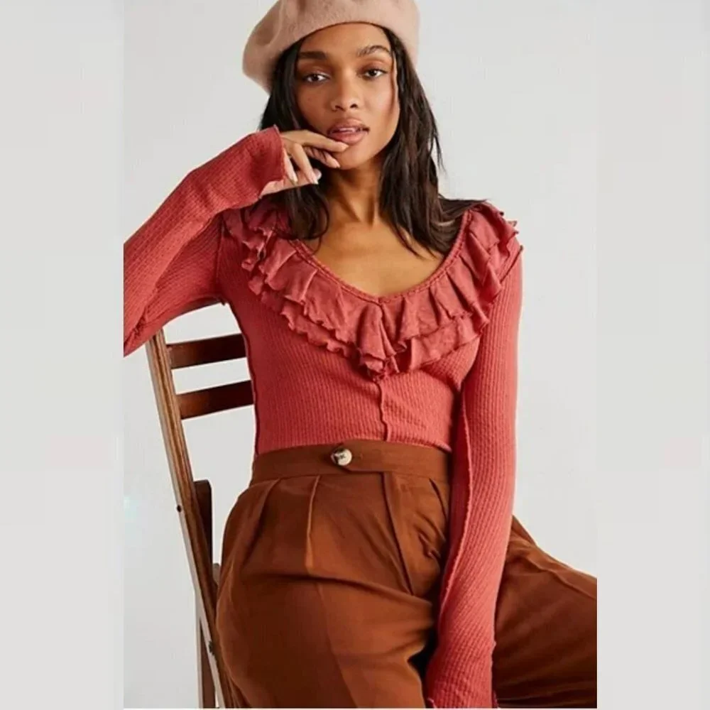 New Free People Bennet Ruffled Long Sleeve Terracotta Top Size XS
